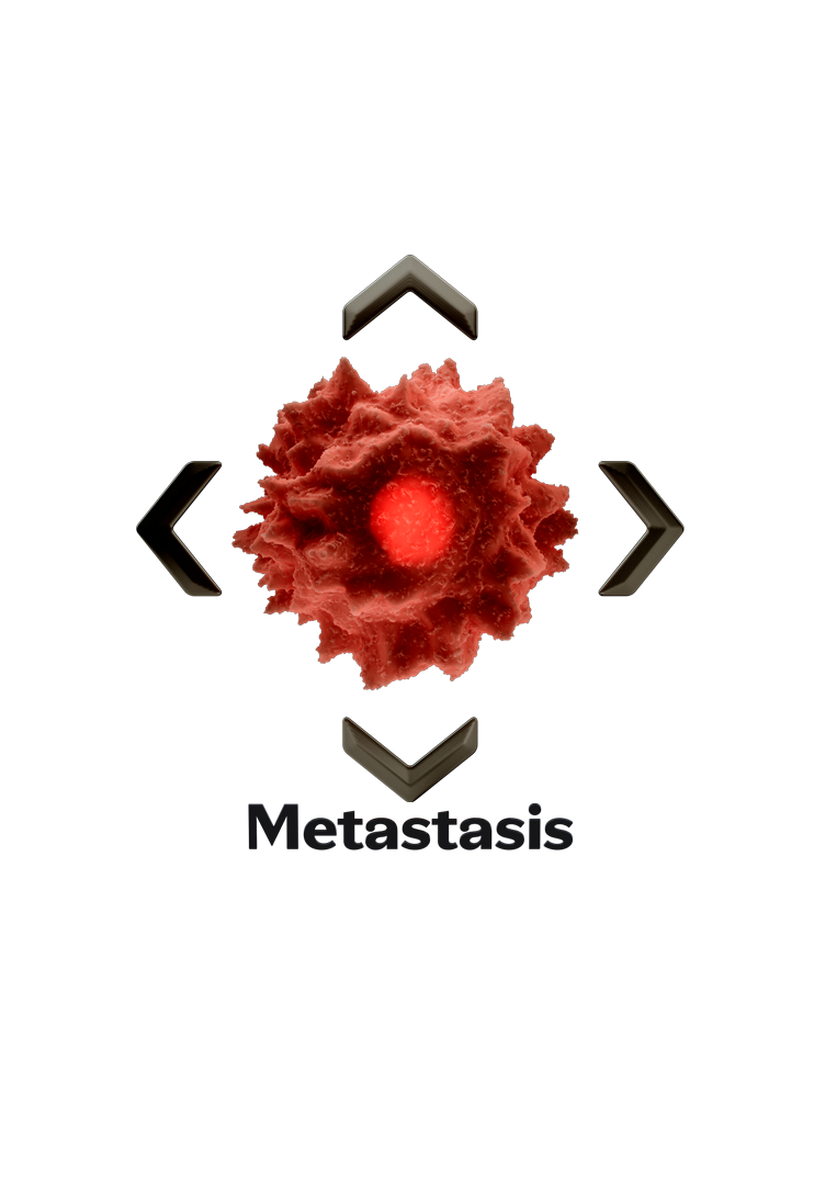 Image of a slot machine reel showing multiple tumors captioned by the word 'METASTASIS