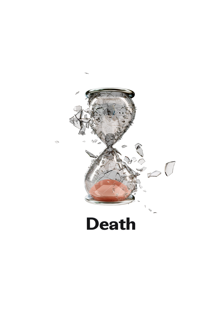 Image of a slot machine reel showing a black ribbon captioned by the word 'DEATH