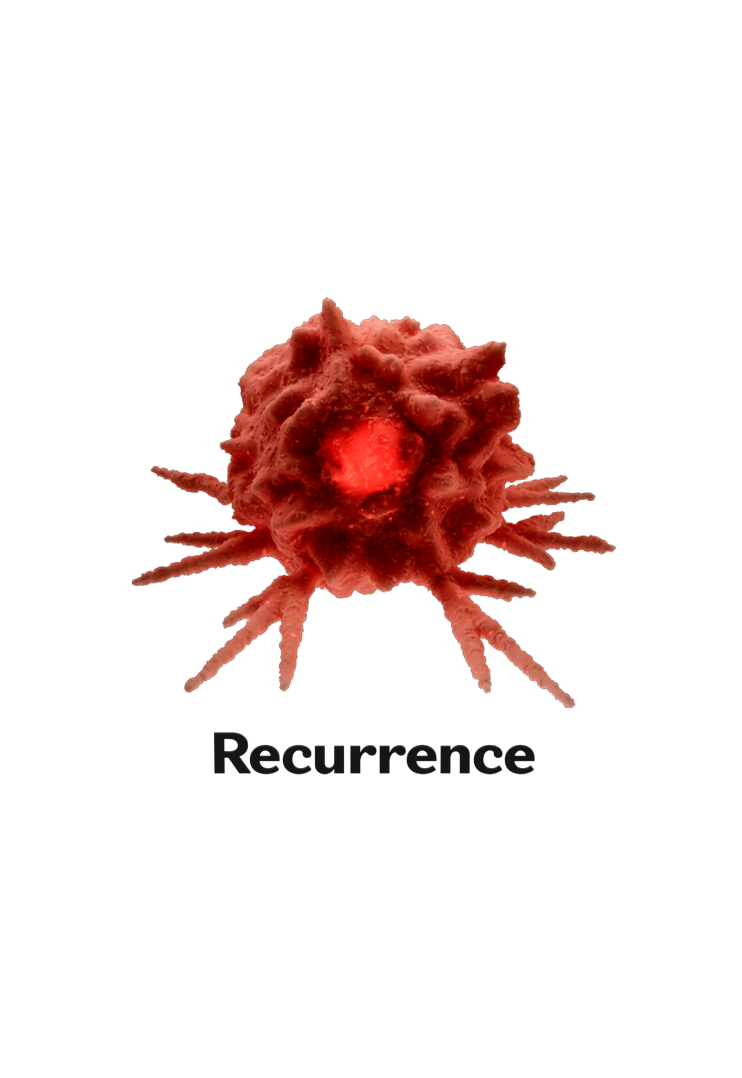 Image of a slot machine reel showing a tumor captioned by the word 'RECURRENCE